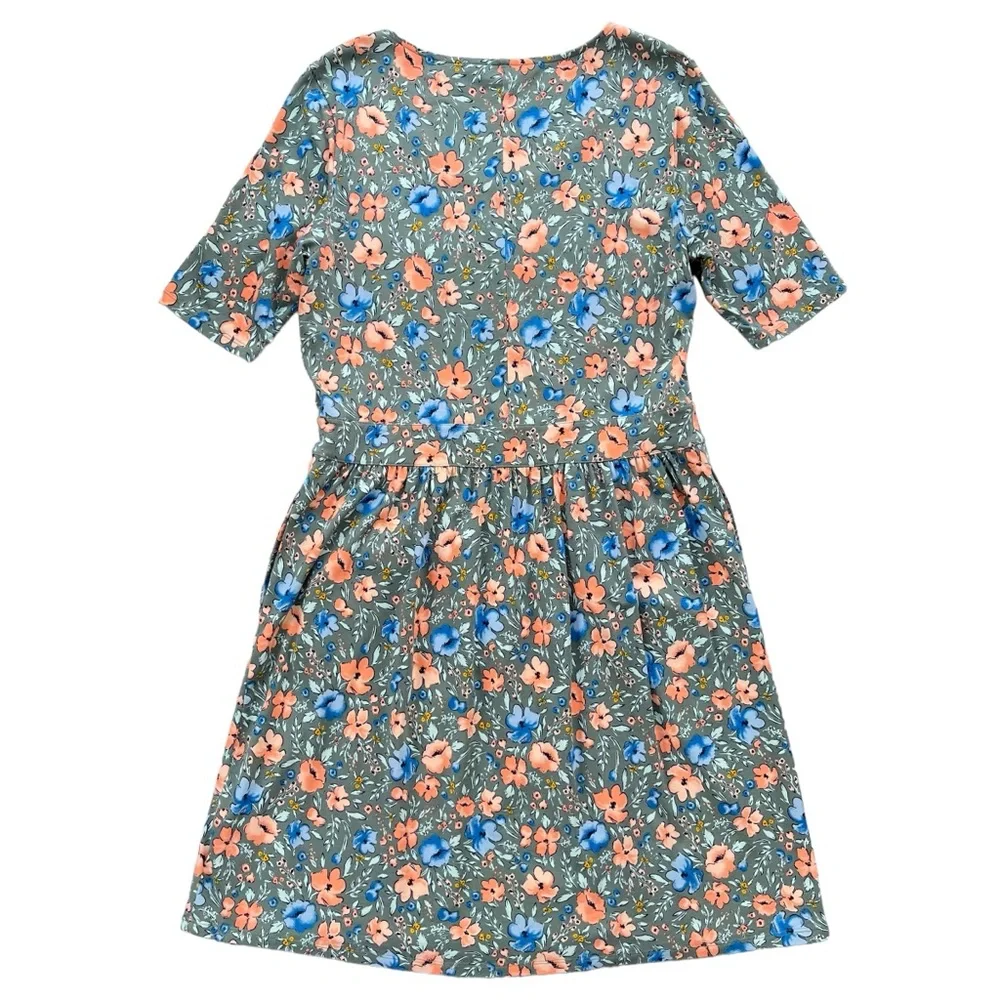 Lands’ End Womens Medium Gray Blue Orange Floral Short Sleeve Midi T-shirt Dress - Picture 2 of 16